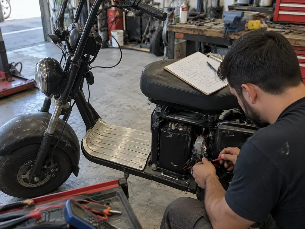 Foto real de scooter elétrica em oficina