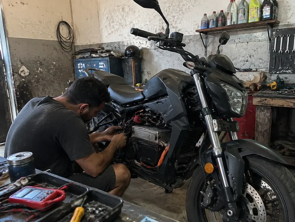 Foto real de moto elétrica em manutenção